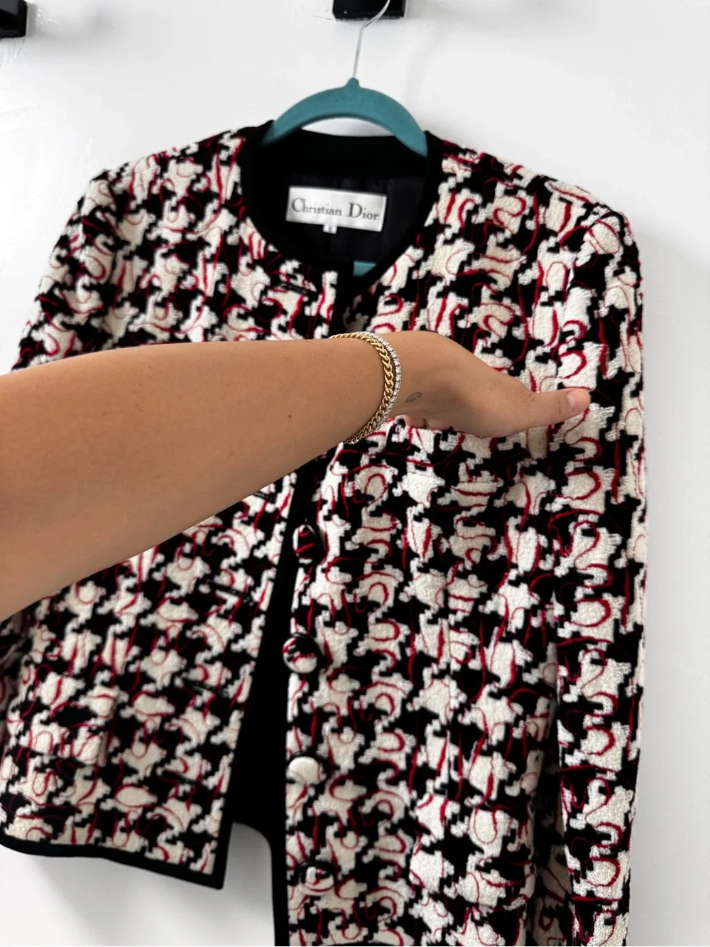 Dior Black, White & Red Tweed Collarless Jacket